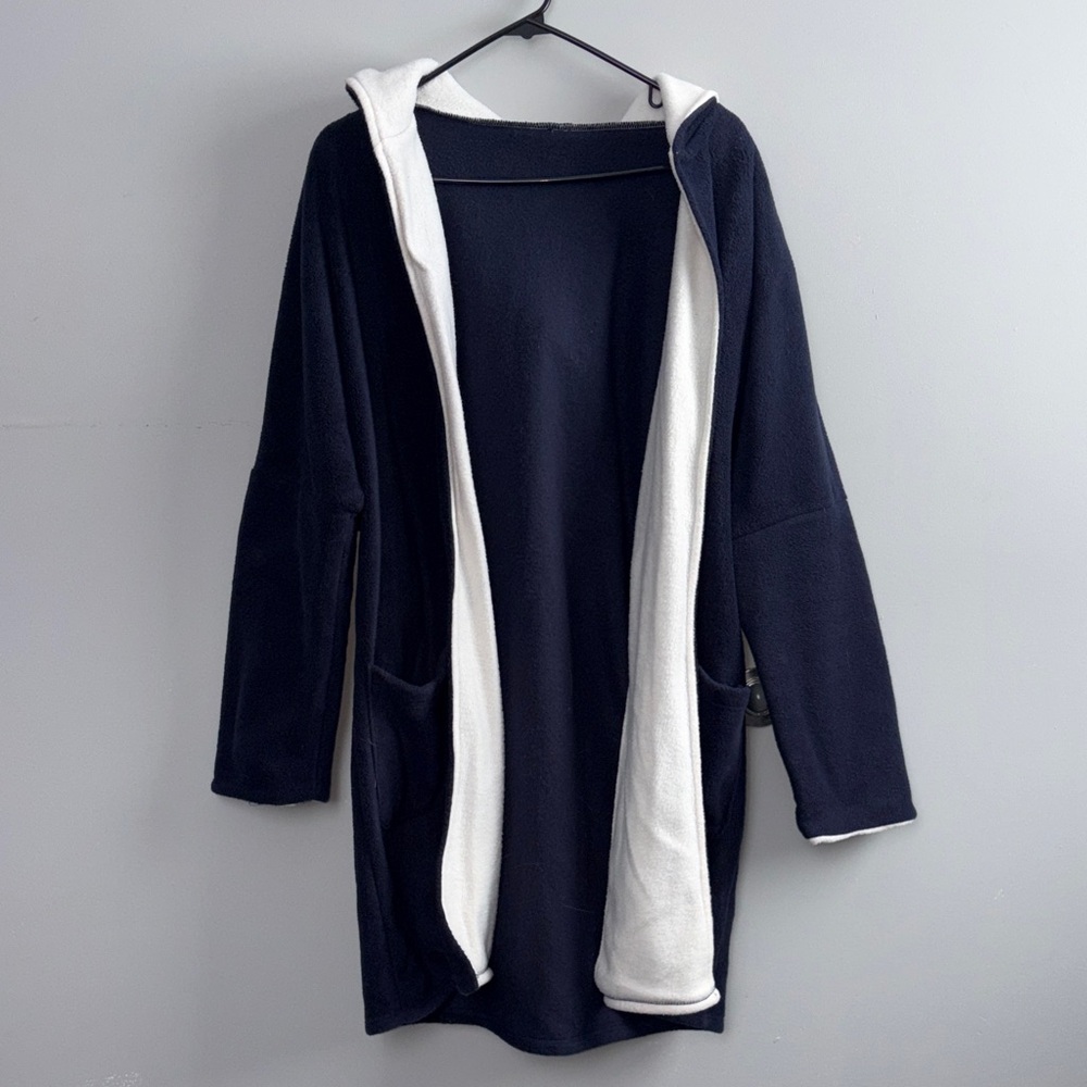 Navy and White Hooded Open Fleece Jacket